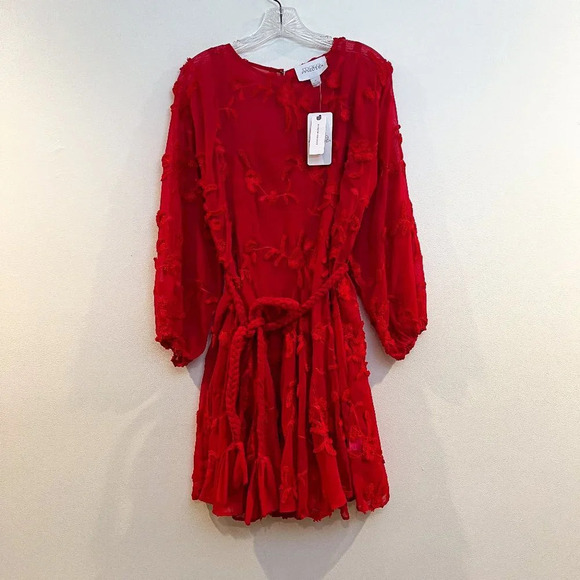 Mare Mare Red Floral Embroidered Long Sleeve Rope Tie Bohemian Mini Dress S NWT - Picture 3 of 10